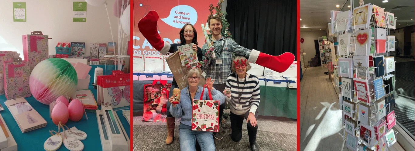 Volunteers, cards and gifts in Cards for Good Causes Christmas shops.