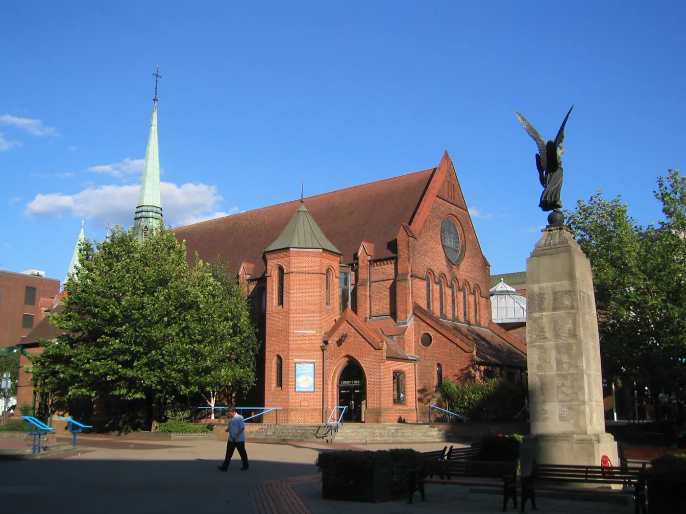 Jubilee Square, Woking, with Christ Church and the war memorial. The borough's Christmas tree goes up here.