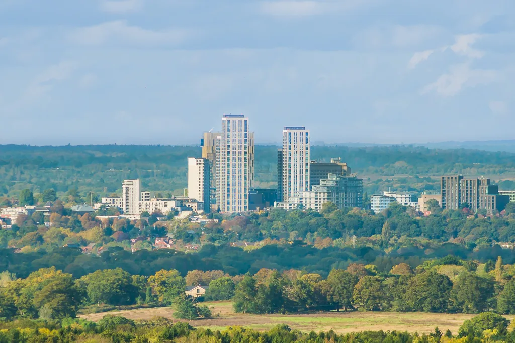 Woking's town centre towers. The claimant count is a borough-wide figure