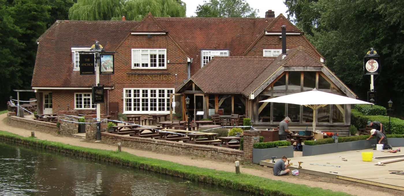 The Anchor at Pyrford Lock, with its terraces beside the Wey Navigation